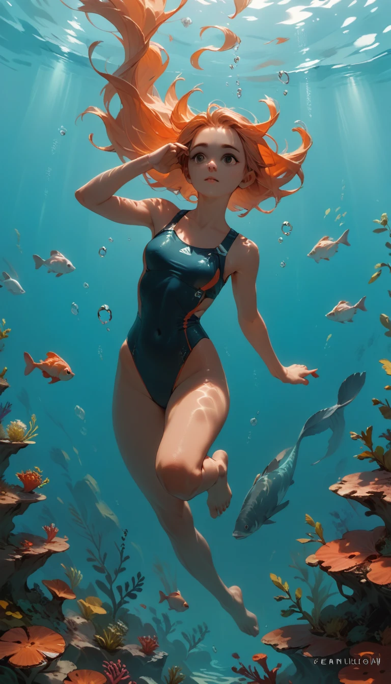 Minimalist Travel，diving，，The girl has her hand on her cheek, Gazing into the distance, Thoughtful、Or reflect a dreamy pose, Convey a sense of serenity and depth, Dutch Angle,Minimalism, Underwater, figure.