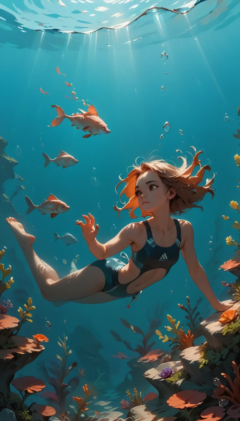 girl diving at beautifull ocean, diving, free diving, bikini wetsuit, underwater adventure, Vibrant colors, Crystal clear water, Coral reef in the background, Tropical fish swimming, Sunlight shining through the water, Creates a mesmerizing ray of light, Deep Sea Exploration, Amazing marine life, Nice views, Immerse yourself in a world of silence and beauty