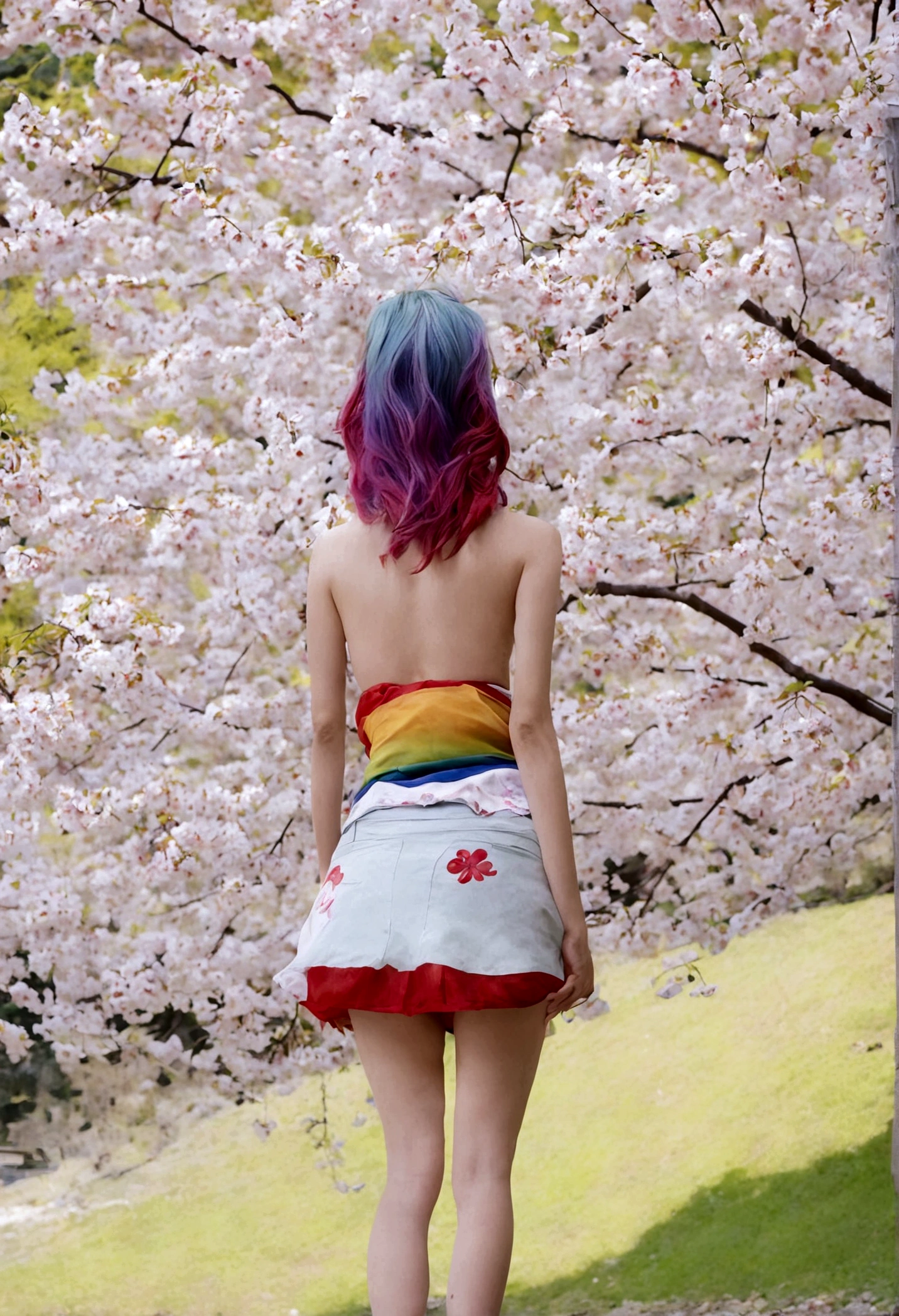 A lovely woman (miniskirt, rainbow hair, tube top) is a tourist in Japan, she is walking through a park while the cherries are in bloom, view from behind