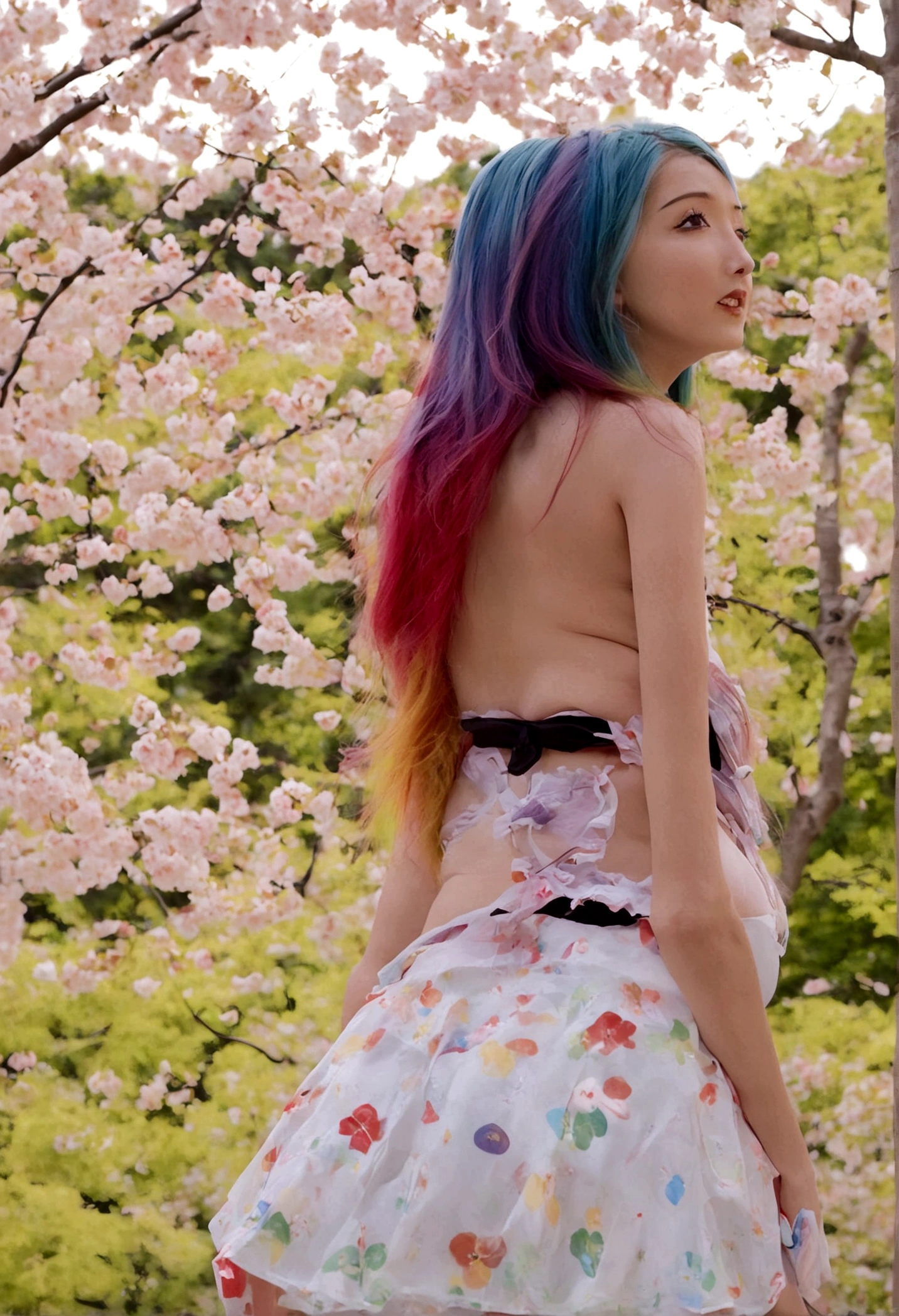 A lovely woman (miniskirt, rainbow hair, tube top) is a tourist in Japan, she is walking through a park while the cherries are in bloom, view from behind