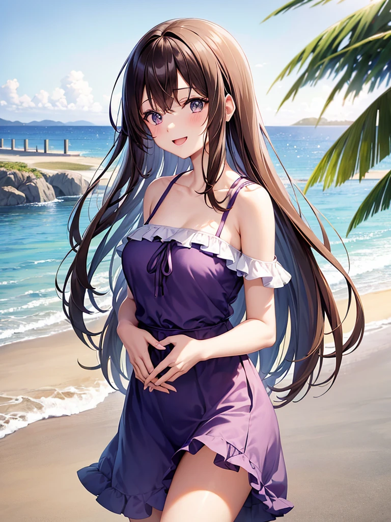 Location in Japan, Anime 1 girl, Brown hair, Eye color at the top is blue to the bottom is slightly purple, Cute face, Slim body, firm breasts, Slightly messy hair, smooth white skin like Mutia, Midnight, Midnight on the beach, looking at the beach view, wearing a summer dress, Happy smiling, masterpiece, 8k.