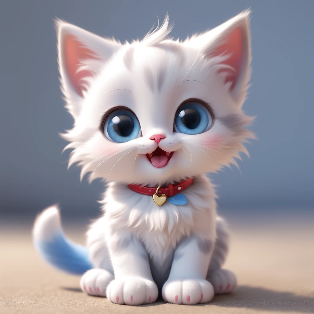 an adorable cartoon-style kitten sitting in a cute pose. The kitten has a fluffy blue and white fur pattern with large, expressive blue eyes and a happy, open-mouthed smile. The kitten's ears are pointed and slightly pink on the inside. It wears an red collar with a small gold tag. The fur is detailed and plush, giving the kitten a soft and cuddly appearance. The background is a simple, light pastel color to keep the focus on the kitten. The lighting is soft, adding a gentle glow to the scene.