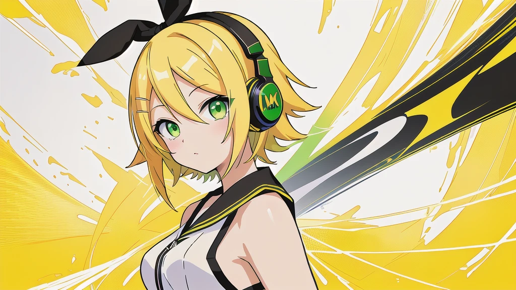 anime girl with yellow hair and green eyes holding a pair of headphones, anime style 4 k, Also, digital anime art!!, anime best girl, kagamine Also, anime peripheral, anime styled digital art, anime girl named lucy, anime style. 8K, anime artstyle, high quality anime artstyle, splash art anime loli, anime! 4K