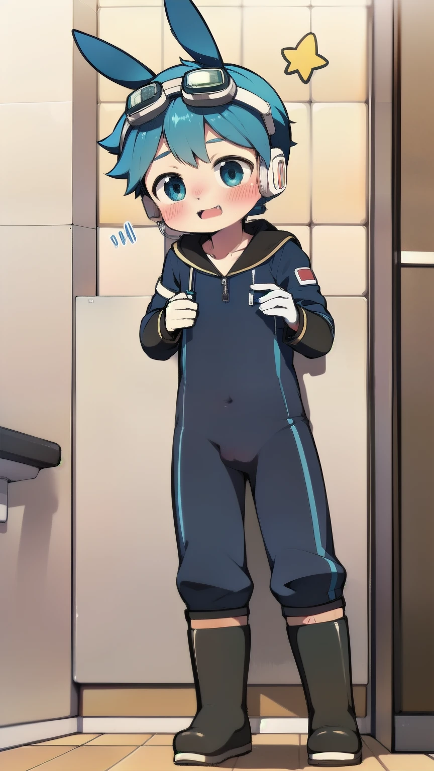 2D Boy Shota，One-piece mountaineering suit，Slim, healthy body，Put the headphones on your head，stand up，goggles，Rabbit ears，happy，Sailor collar，tie，Zipper pulled down，boots，hood，shy，blush，bathroom
