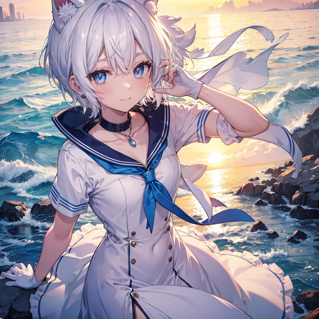 White Hair　blue eyes　short hair　Have　student　Cat ear　nice　Blue Earrings　necklace　gloves　beauty　thin　Sailor suit　Fantasy　smile　sunset　Fluffy hair