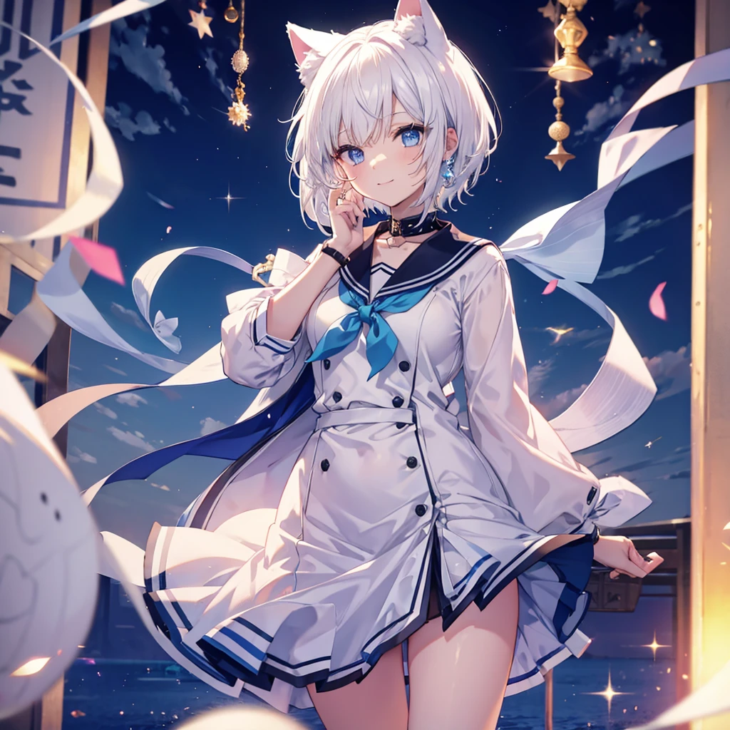 White Hair　blue eyes　short hair　Have　student　Cat ear　nice　Blue Earrings　necklace　gloves　beauty　thin　Sailor suit　Fantasy　smile　sunset　Fluffy hair