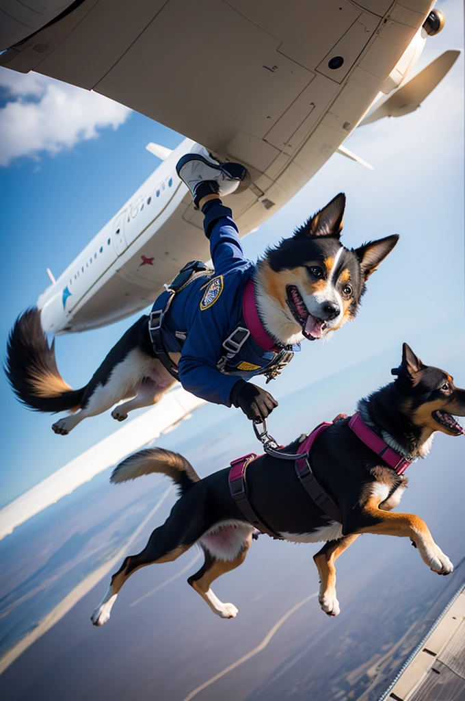 Spy dog jumping out of a plane with his front paws and on a plane