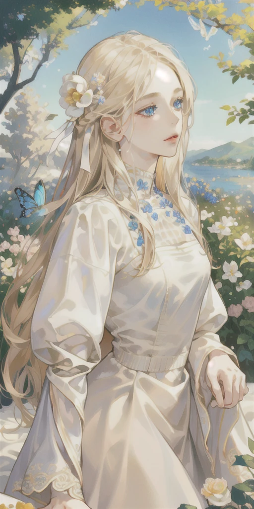 (best quality, masterpiece, ultra-realistic), portrait of 1 beautiful and delicate girl, Long Blond beige hair, blue eyes , with a soft and peaceful expression, the background scenery is a garden with flowering bushes and butterflies flying around.