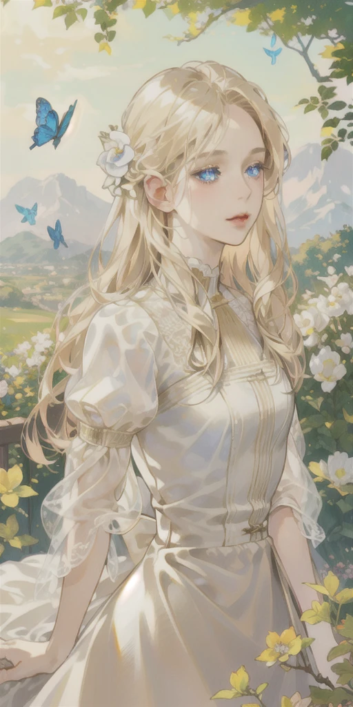 (best quality, masterpiece, ultra-realistic), portrait of 1 beautiful and delicate girl, Long Blond beige hair, blue eyes , with a soft and peaceful expression, the background scenery is a garden with flowering bushes and butterflies flying around.