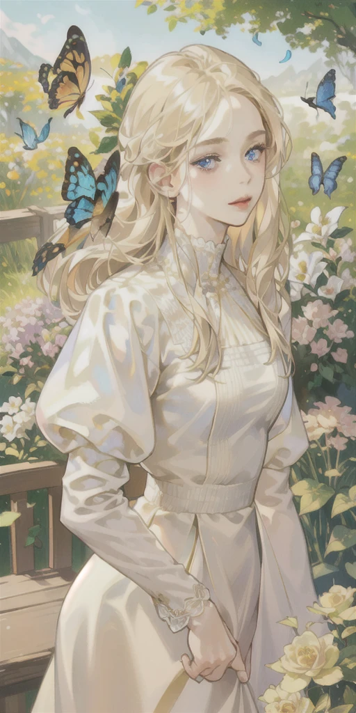 (best quality, masterpiece, ultra-realistic), portrait of 1 beautiful and delicate girl, Long Blond beige hair, blue eyes , with a soft and peaceful expression, the background scenery is a garden with flowering bushes and butterflies flying around.