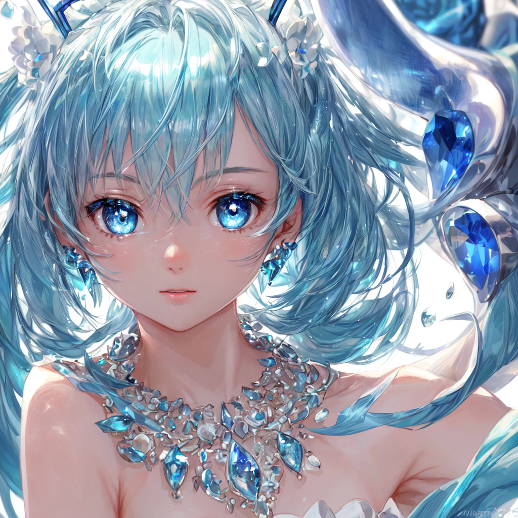 masterpiece, best quality, illustration, sax blue, platinum earrings, platinum necklace, white dress, 1girl, cute, (dynamic lighting:1.2), cinematic lighting, delicate facial features, detailed eyes, sharp pupils, realistic pupils, depth of field, bokeh, sharp focus, (hyper-detailed, bloom, glow:1.4), many small gems, hatsune miku