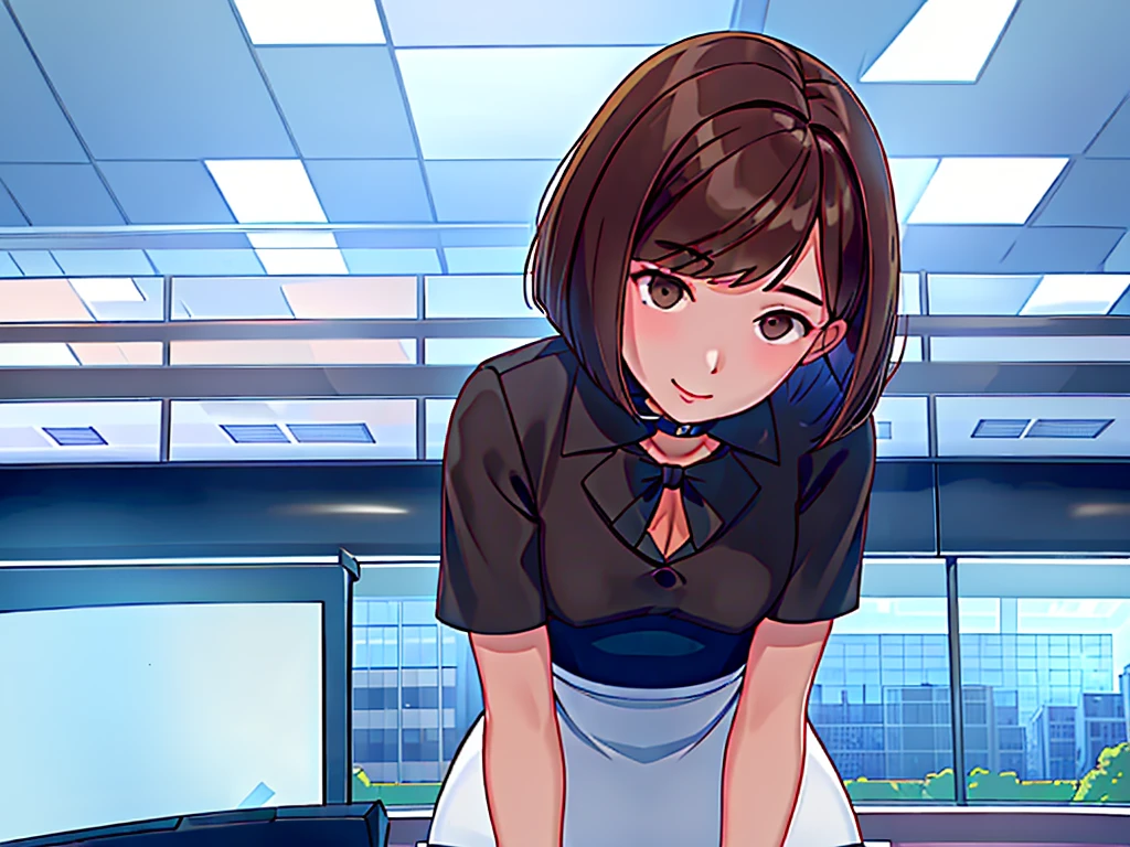 news studio, (((faceless office lady))), brown hair, bob cut, upper body, leading news, small wipe of park, detailed news program, ((from front)), [pixel art]