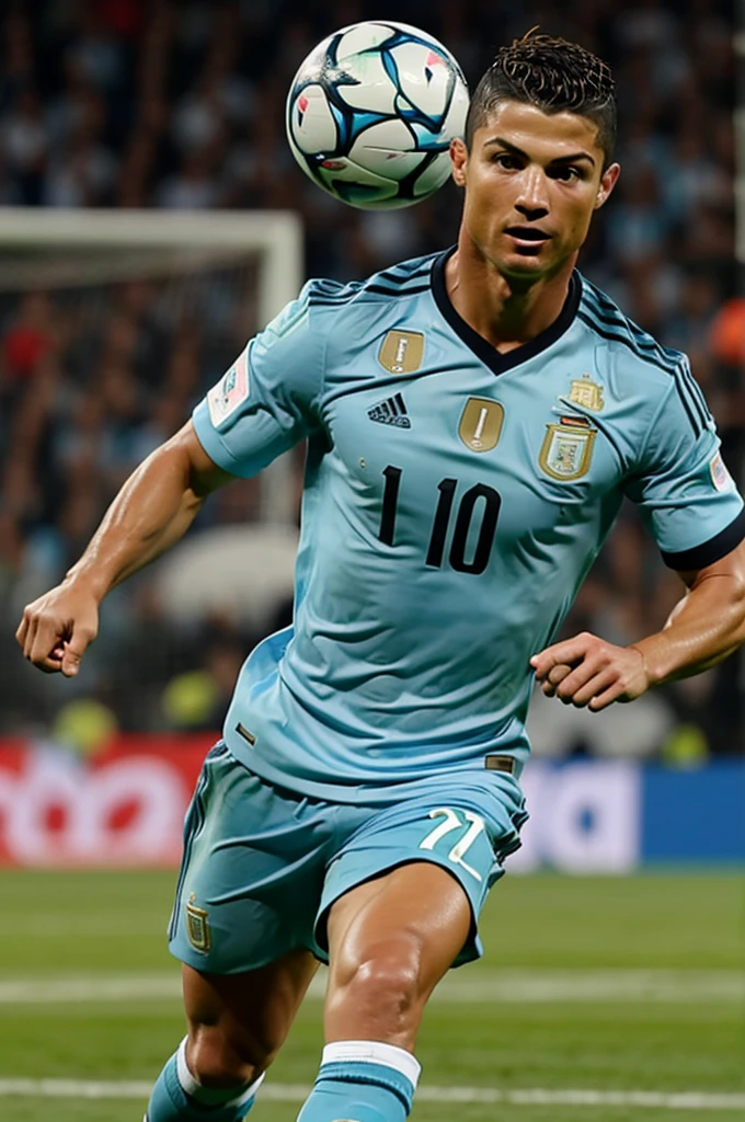 Cristiano Ronaldo wearing Argentina football jersey and playing football 