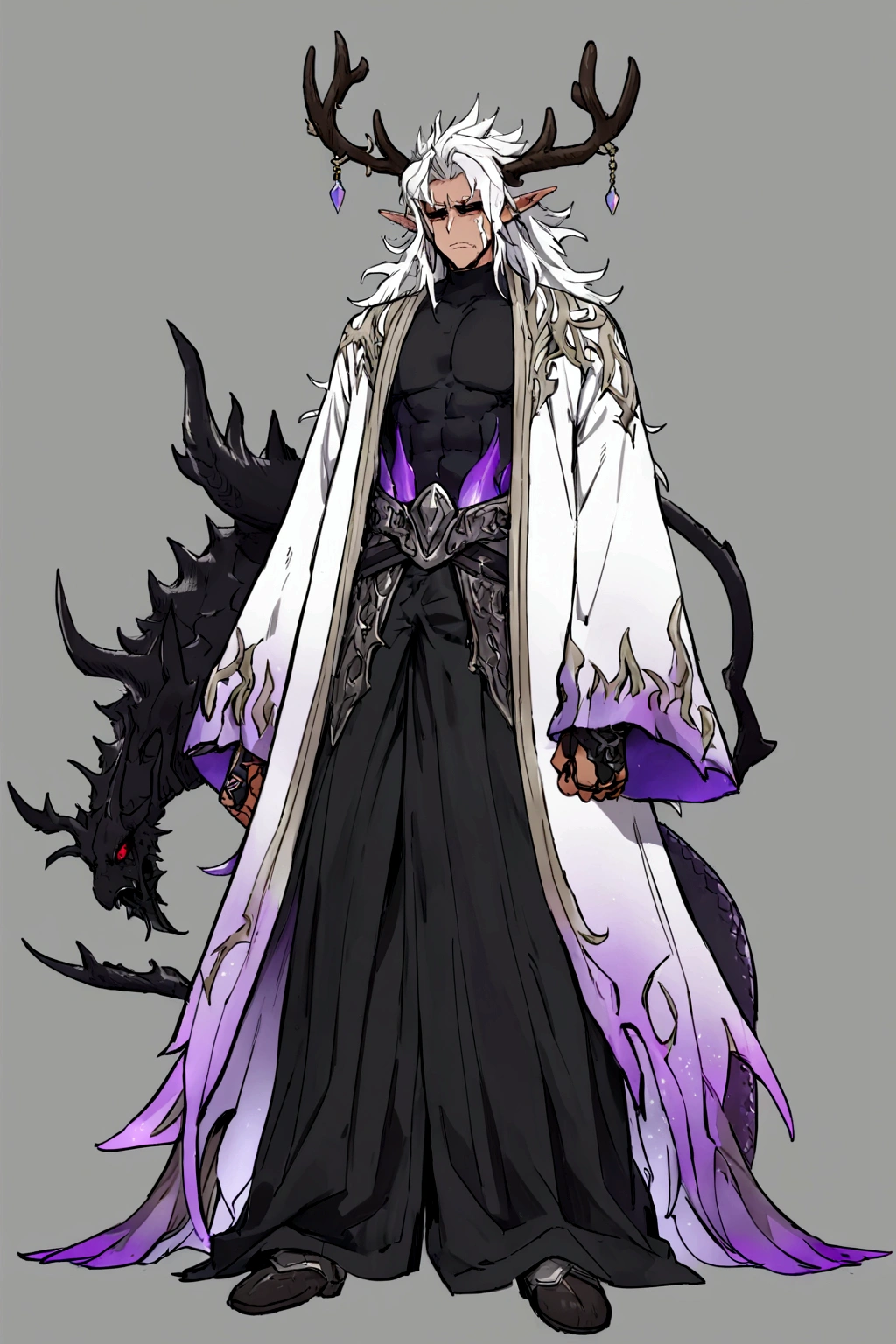 solo, 20 year old male, character fusion, nidhogg fused with odin and sun wukong, tall tanned man with wild unruly white hair, bangs on face, bangs, ((iridescent irises)), black sclera on eyes, long voluminous hair, spiky hair, pointy ears, fit , clawed fingers, dragon tail, open haori, turtleneck tanktop, manly jaw, dark crystal antlers, exhausted expression, khaenr'ah abyss, draconic person, calamity incarnate, full body