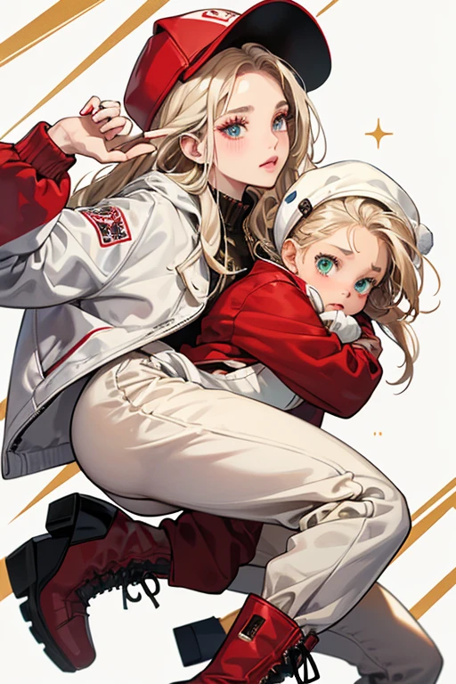 M.C. Swag has light brown skin, red blushed cheeks and lips. Her eyes are light green, and she has platinum blonde hair worn up in cornrows with a red backwards cap. She wears a red and white onesie with Baby 01 written in white, paired with a black and white sports jacket and gold boots with black detail. SPARKLE; GLITTER