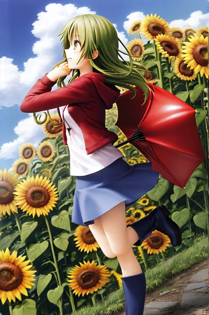 absurdres, highres,
BREAK
Sunflower,(sun
Flower, background), 1girl, yuukakazami, red_eyes, green_hair,solo,light smile,
BREAK
solo,profile, looking up at the sky, squinting because the sunlight is too bright, microscopic eyes, half-closed eyes, white T-shirt, red hoodie, navy blue miniskirt, yellow short boots, umbrella closed, flower field, on top of a hill, hydrangea, sunlight after the rain, rainbow after the rain, light shining,