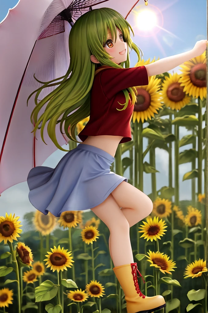 absurdres, highres, 
BREAK
Sunflower,(sun
Flower, background), 1girl, yuukakazami, red_eyes, green_hair,solo,light smile,
BREAK
solo,profile, looking up at the sky, squinting because the sunlight is too bright, microscopic eyes, half-closed eyes, white T-shirt, red hoodie, navy blue miniskirt, yellow short boots, umbrella closed, flower field, on top of a hill, hydrangea, sunlight after the rain, rainbow after the rain, light shining,