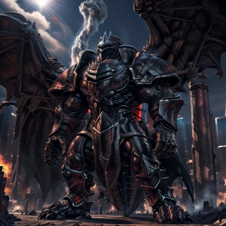 (masterpiece. official art. 8k. best quality. detailed full body. full body.)

(situation 1 : dominating BLACK DRAGON. BLACK DRAGON is over 1000 meters long. focus GIANT mechanical Muscular BLACK DRAGON is trampling the city. Looking down. macro. stomp. Low-angle perspective. emphasizing the immense size.)

(situation 2 :smoke and flames rising from the destruction in the city)

(Additional details 1: wearing a full-face helmet. He wears a black cloak on his back.).

(Additional details 2: (Detailed head. Detailed Body. Detailed abs. gigantic muscles. HYPER MUSCLES. Gigachad Muscular. big muscle. pecs. triceps. traps. unusually developed muscular body. body full of huge muscles. showing off muscles. pectorales enormes. Exaggeratedly huge muscles. huge muscles. long legs.).

(Additional details 3: Spread wings. It has wings. have big wings. black wings. The claws are sharp. Sharp teeth.).

(An advanced bionic mech, cybrog, anthro, dragon, male, full body, Muscle, Delicate face, Delicate eyes, 1 tail, (glowing LED), energy, digitigrade, outdoors, extremely detailed CG unity 8k wallpaper, realistic, masterpiece, highest quality, lens flare, unreal engine, trending on ArtStation, Intricate, High Detail, dramatic, realism, beautiful and detailed lighting, shadows, black scales, rubber goo body, wings, evil looking, crimson glowing eyes, black armor, futuristic armor, heavy armor, snout-cover armored mask, muscular wings, bodybuilder-like physique, muscule-shaped armor, evil master)