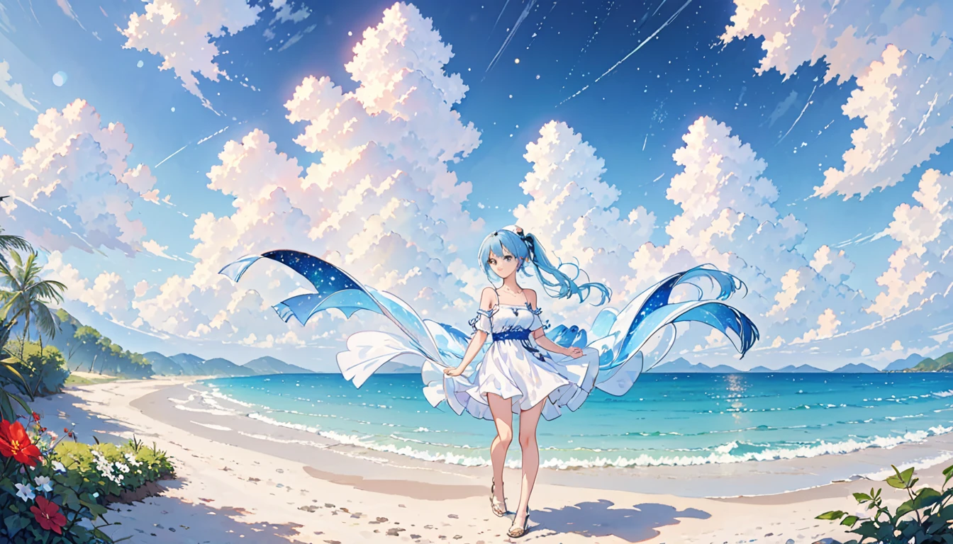 (Highest quality、8K、masterpiece、Super detailed:1.2)、Cinematic Angle、Cowboy Shot、Particles of light、Sparkle、Beautiful details in the eyes、Shiny skin、Shiny Hair、Light blue hair、Good eyes、Side Ponytail、Starry sky print、 Day、まだらのDay光、Blue sky、Beautiful Clouds、Beach、Wide Shot、Depth of written boundary、Blurred、Ocean、Distant islands、 1girl, solo, sexy, rib, cute, clavicle, (whole body)