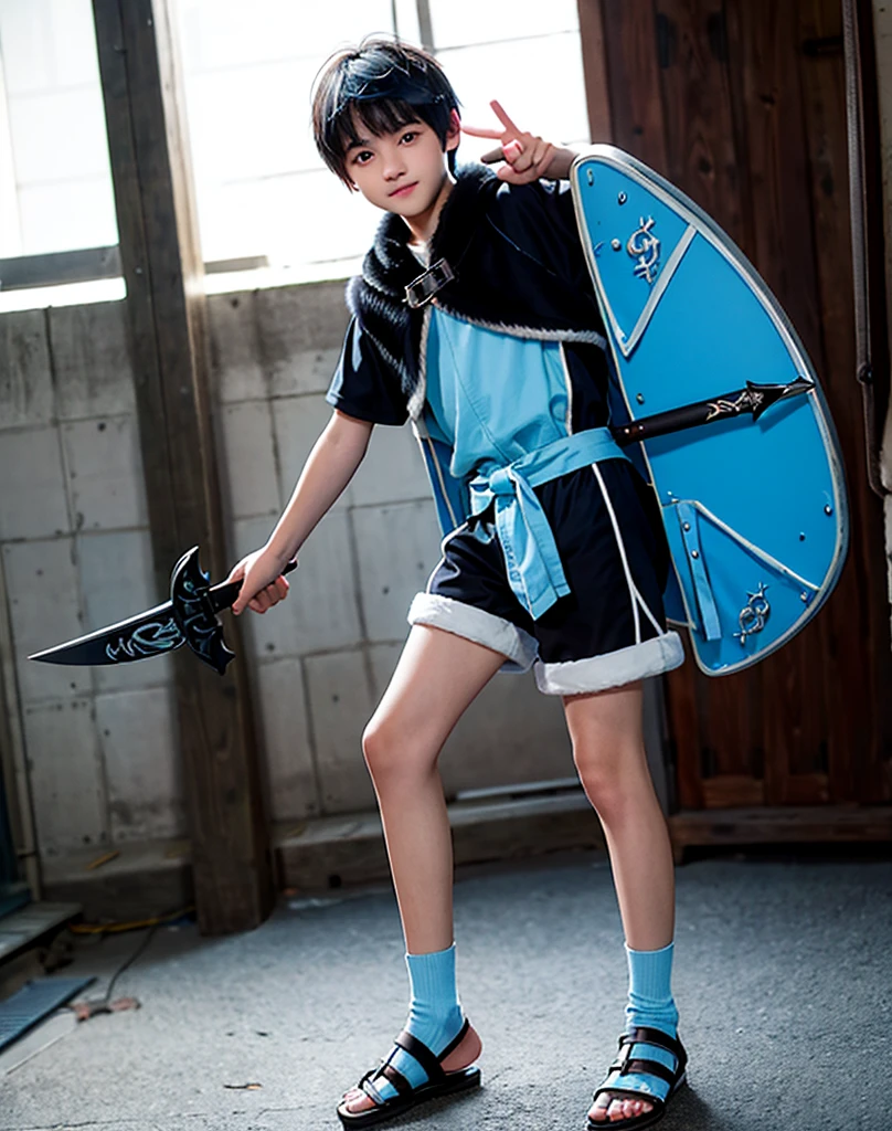 Young 13-year-old boy with black hair and brown eyes, innocent and happy, dressed in short neon-blue medieval barbarian clothes, fur shorts, light-blue battle armor, weilding silver sword and shield, sandals; fullbody; short hair, boyish athletic, sexy,
