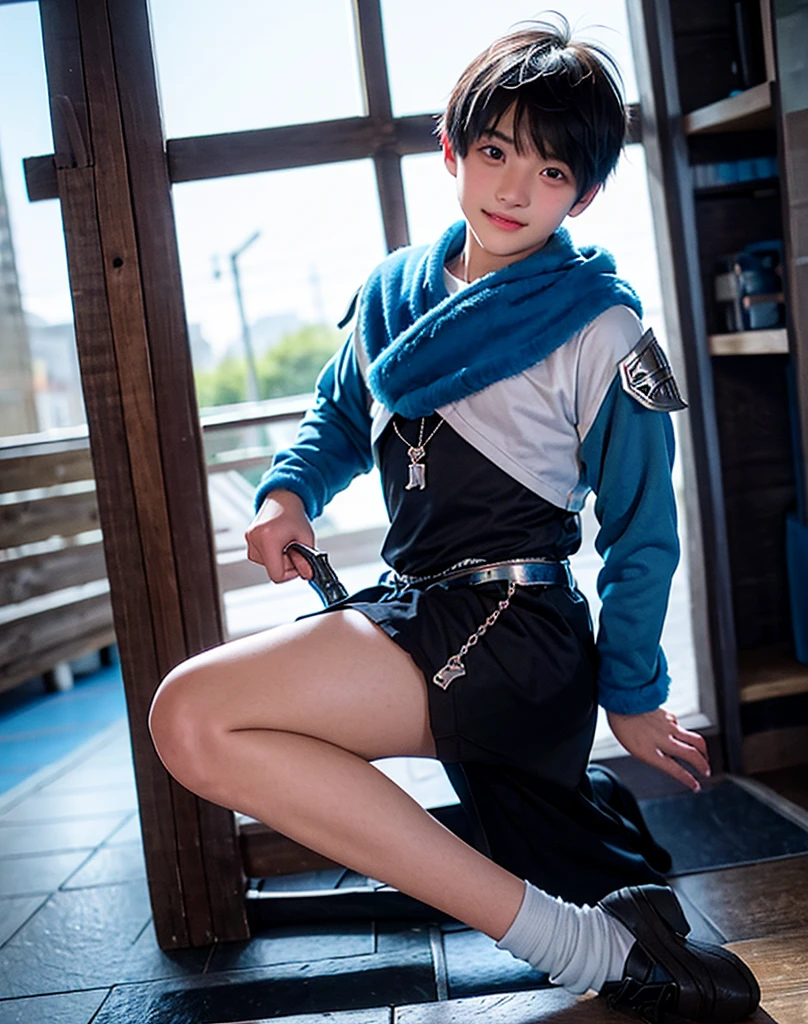 Young 13-year-old boy with black hair and brown eyes, innocent and happy, dressed in short neon-blue medieval barbarian clothes, fur shorts, light-blue battle armor, weilding silver sword and shield, sandals; fullbody; short hair, boyish athletic, sexy,
