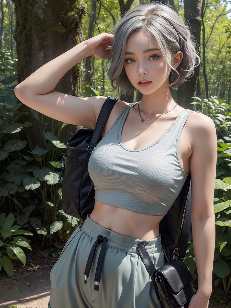 Bright shot: 1.3), epic realistic, yellow eyes, girl raider, (one girl), light gray non-transparent short sleeve top, transparent fabric at the waist, wavy hair 1.4, (dark blue hair), short hair, dark blue and orange color scheme, (light green shorts), aesthetics of wasteland and canyons!!! n ruins, soft cinematic light, Adobe Lightroom, darkroom, HDR, intricacy, green bracelets on the arms, straps from red thrings over transparent fabric at the waist, thong under shorts