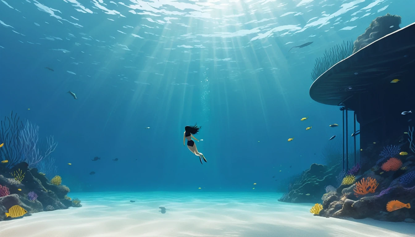 Minimalist Journey, diving, Solitary, 1 girl swimming gracefully with beautiful curves, Minimalism, Under the Sea, illustration.