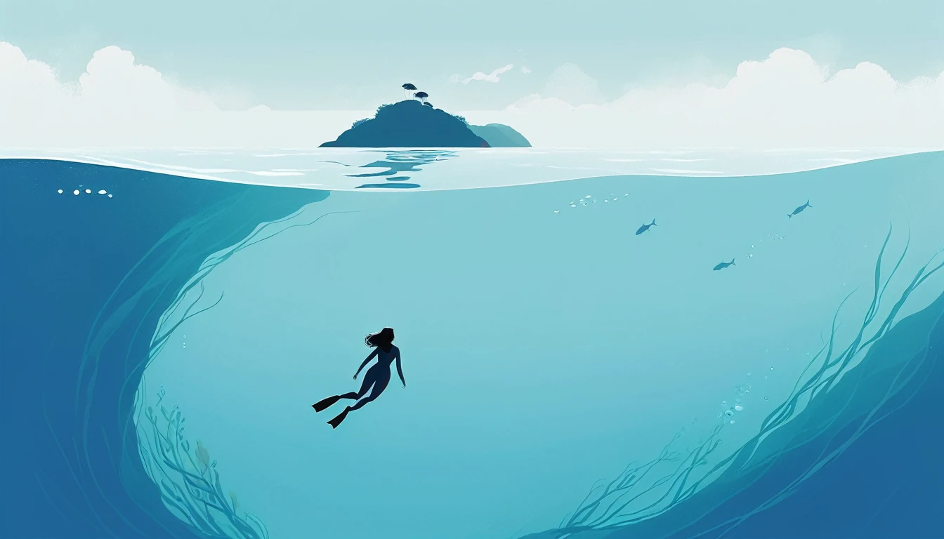 Minimalist Journey, diving, Solitary, 1 girl swimming gracefully with beautiful curves, Minimalism, Under the Sea, illustration.