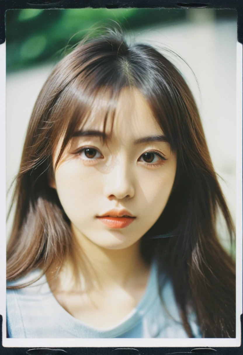Japanese girl, 18-21 years old, brown hair, high-quality photo portrait, shot on a Polaroid camera, double eyelid --ar 34:65 --style raw