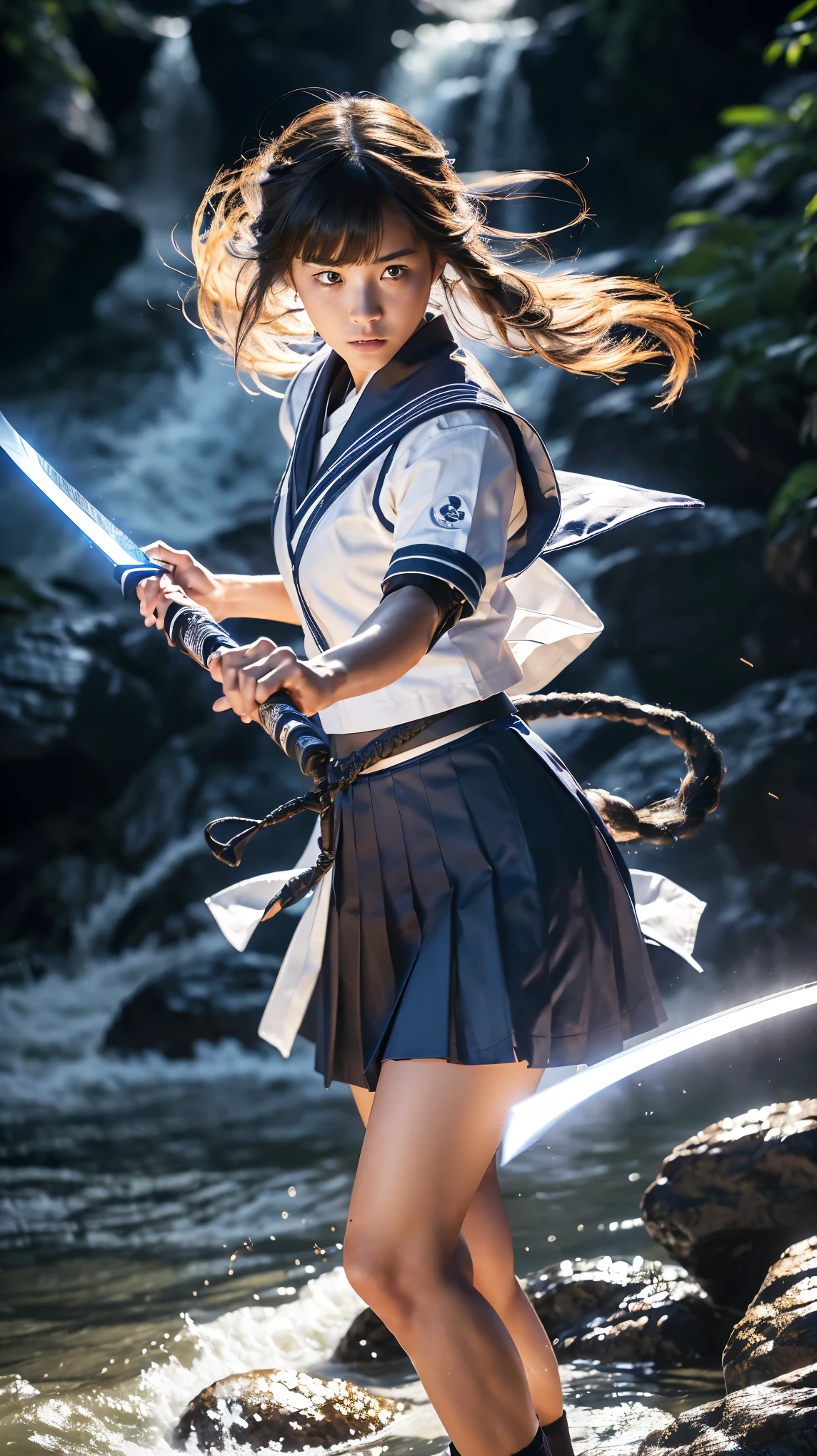 (Ultra HD, Highest quality, High resolution, Hyperrealistic, super beautiful), 24000dpi, Beautiful woman, Long Tail, Well-formed eyes, Eyesight max, 18-year-old, Alluring, Completely American, perfect body, Physical Beauty, ((Japanese blue sailor uniform:1.2, Navy blue mini skirt, serafuku, JK)), (((2 foot knife, He is carrying an electric Japanese sword., Two-Way))), Blue Lightning, Charge Move, Special move stance, All in one, Disorganized, (Seven knives fly around her), anatomical collect, whole body