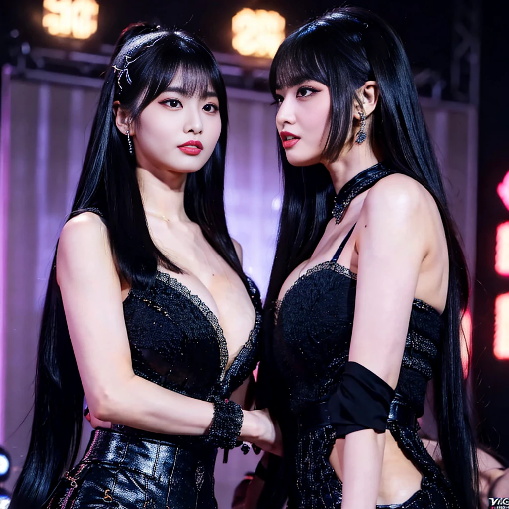 Highest quality，masterpiece，Very detailed, 8K，Beautiful 27 year old Japanese woman:1.5, Small face, blunt bangs, Breast Augmentation Surgery, (Detailed black K-pop idol outfit:1.5), Very detailedな臭い脇の下、　Live Stage、　height:164cm