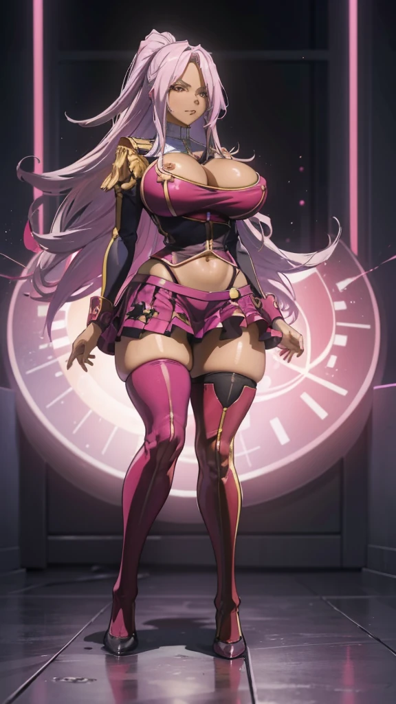 ANIME 
1girl, long hair, Ebony skin, ebony-skinned female, magenta hair,  hair over one eye, busty, gorgeous plump body, makeup, huge and round breasts, ponytail, yellow eyes, lips, thick thighs, magenta hair, yellow Elizabeth Mably's clothes, Elizabeth Mably's skirt, serious face, white high socks, background science laboratory