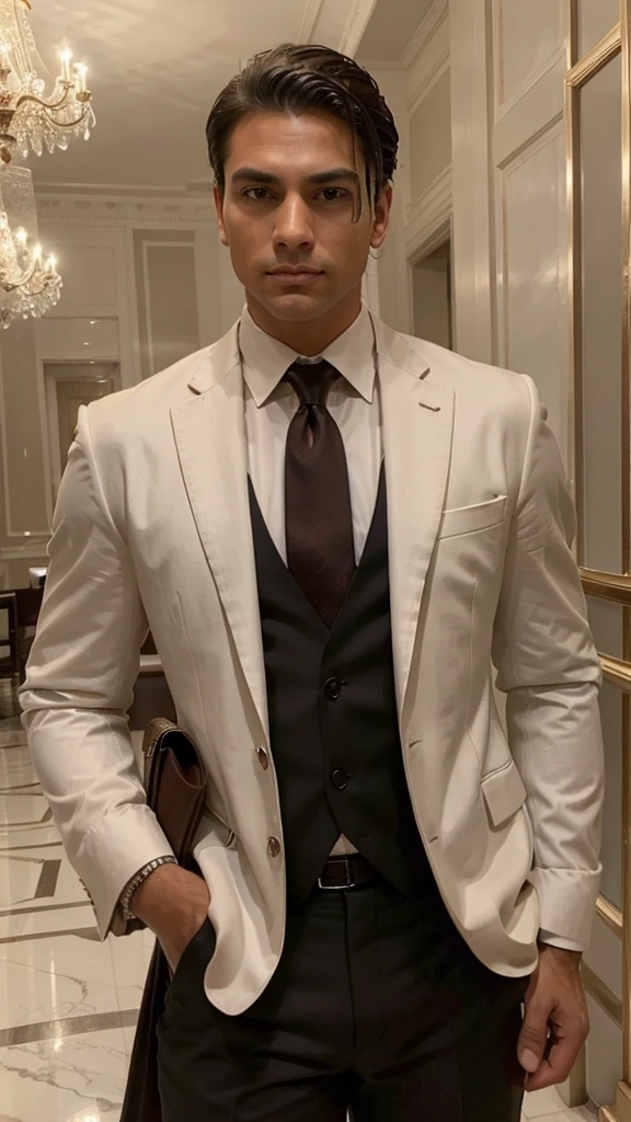 A handsome and attractive man with a more masculine appearance, short straight hair slicked back, brown eyes, and lightly tanned skin. He is dressed in a classic, luxurious dark black blazer, white shirt, and a red tie, exuding power and confidence. The setting is a classic yet modern environment, predominantly white and bright, featuring high-end elements like grand chandeliers, marble floors, and opulent furniture. The overall atmosphere is sophisticated, clear, and modern, emphasizing wealth and luxury. His face is highly realistic, capturing fine details and lifelike expressions.