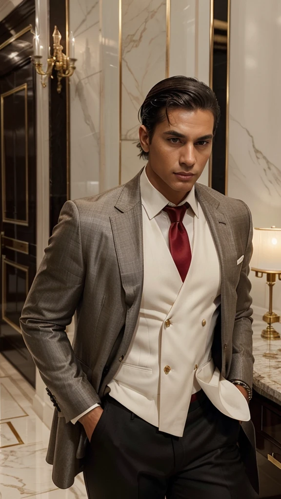 A handsome and attractive man with a more masculine appearance, short straight hair slicked back, brown eyes, and lightly tanned skin. He is dressed in a classic, luxurious dark black blazer, white shirt, and a red tie, exuding power and confidence. The setting is a classic yet modern environment, predominantly white and bright, featuring high-end elements like grand chandeliers, marble floors, and opulent furniture. The overall atmosphere is sophisticated, clear, and modern, emphasizing wealth and luxury. His face is highly realistic, capturing fine details and lifelike expressions.