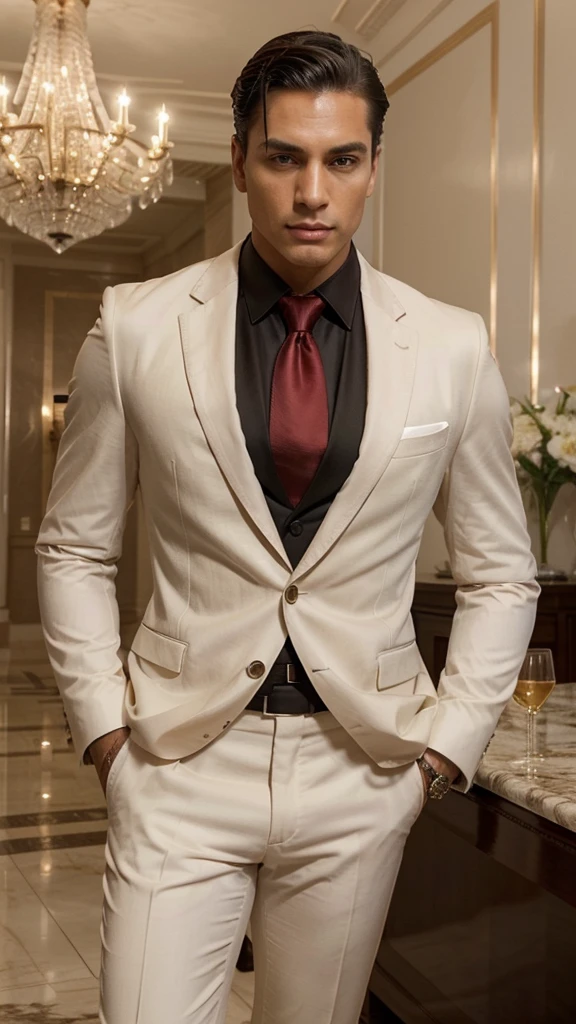 A handsome and attractive man with a more masculine appearance, short straight hair slicked back, brown eyes, and lightly tanned skin. He is dressed in a classic, luxurious dark black blazer, white shirt, and a red tie, exuding power and confidence. The setting is a classic yet modern environment, predominantly white and bright, featuring high-end elements like grand chandeliers, marble floors, and opulent furniture. The overall atmosphere is sophisticated, clear, and modern, emphasizing wealth and luxury. His face is highly realistic, capturing fine details and lifelike expressions.