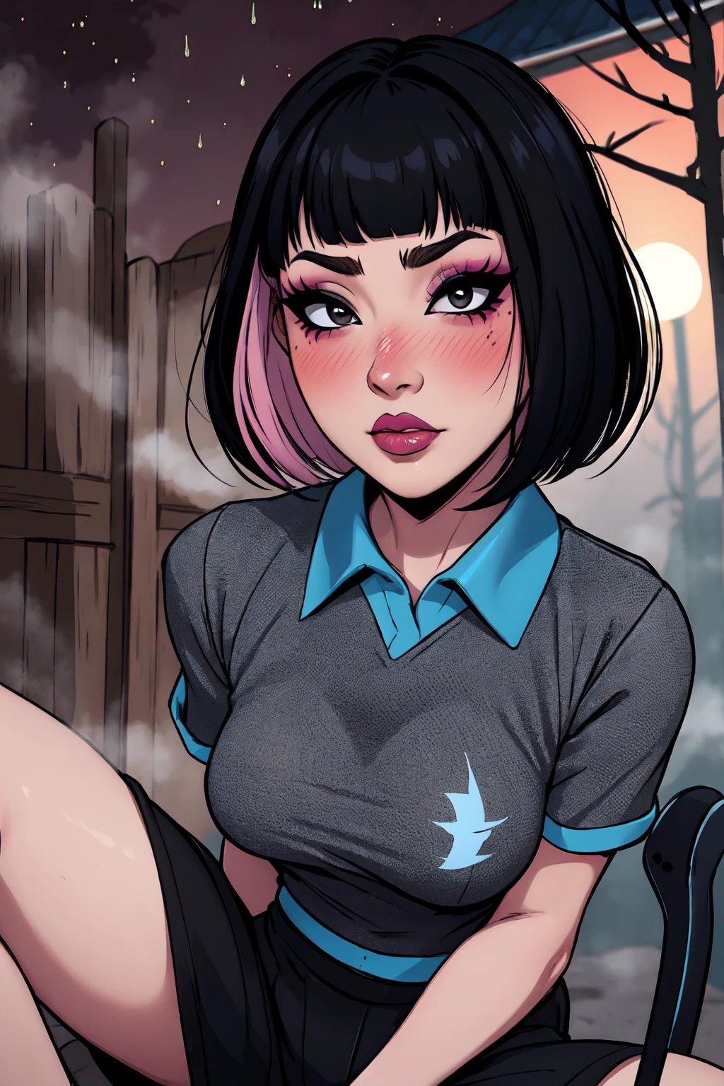 1girl, FengMin, solo, skinny, black eyes, asian eyes, eyeliner, looking at viewer, lips, black bob cut, blunt bangs, blush, , sitting on the motocicle, dinamic poses, whole body, face focus, outdoors, horror \(theme\), night, fog egirlmakeup,