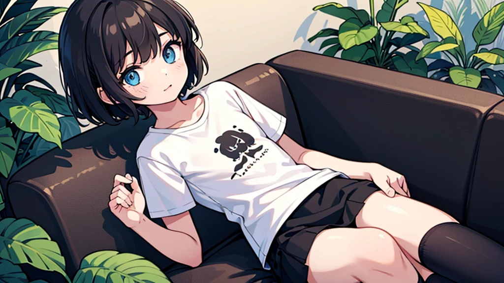 1girl, solo, blue eyes, (detailed eyes), flat chest, short hair, black hair, ((white t-shirt)), simple t-shirt, black skirt, black socks, upper body, ((masterpiece, illustration, best quality)) sitting in a coffee shop with plants surrounding her