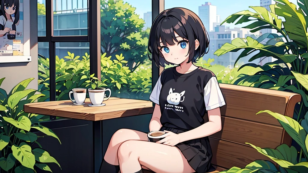 1girl, solo, blue eyes, (detailed eyes), flat chest, short hair, black hair, ((white t-shirt)), simple t-shirt, black skirt, black socks, upper body, ((masterpiece, illustration, best quality)) sitting in a coffee shop with plants surrounding her