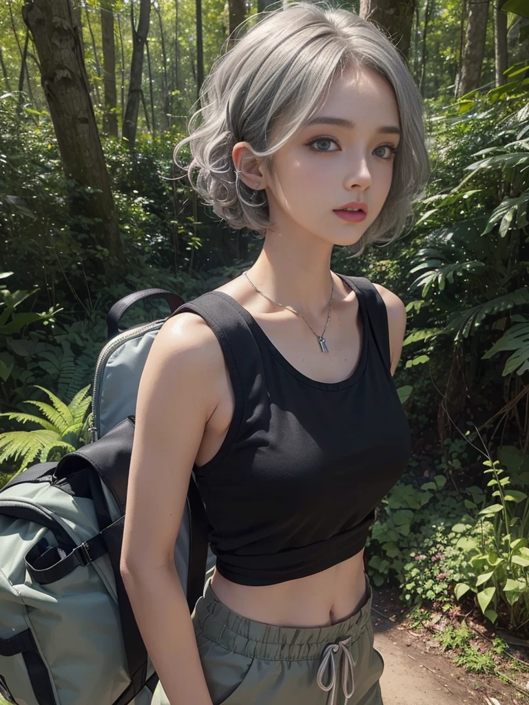 ((masterpiece)), ((best quality)), (ultra-detailed), ((extremely detailed)), 4K, (8K), best quality, a beautiful woman, (( gray hair)),  ((curly bob cut)), hair in 7 thirds, light blue eyes, detailed skin, freckled skin, 20 years old, ((wavy hair)), ((hair over one ear)), ((Forehead)), ((1girl, solo))

In the woods, hiking, white tank top, belly button, moss green cargo pants, ((carrying a big black backpack)), huge trees, various angles