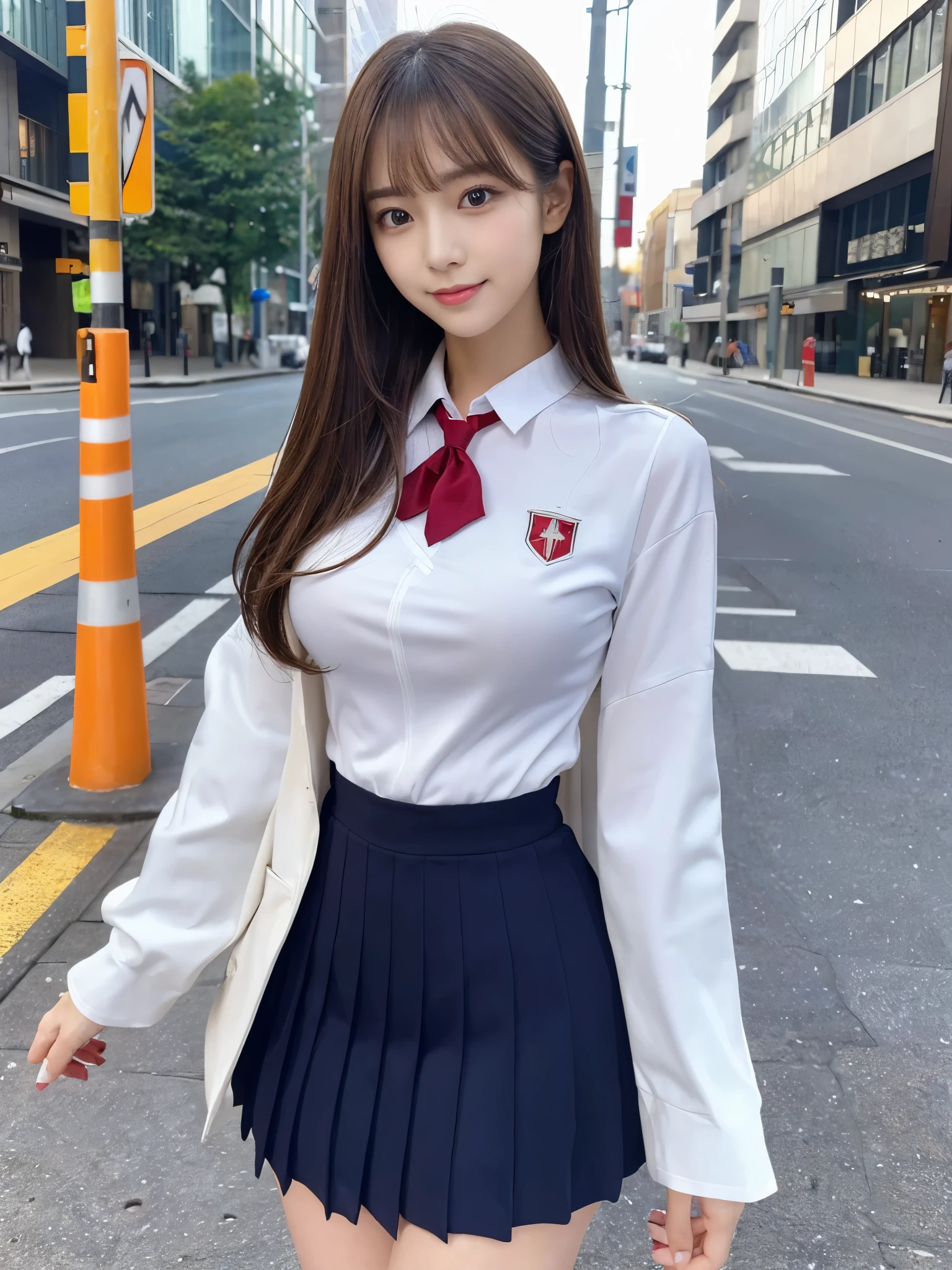 (Detailed skin:1.2),(Shiny skin:1.1),8K,Highest quality, masterpiece, Ultra-high resolution,(Realistic:1.4), RAW Photos,(Soft saturation:1.3),(Fair skin:1.2),Japanese Idols,repair,20 years, Light brown hair, (Long Hairstyles:1.2), Asymmetrical Hair, Asymmetrical bangs (Pretty face:1.4), (Big Breasts, Tight waist), Beautiful lighting, Small Head, (uniform:1.2,),Highly detailed face, Highly detailed lips, fine grain, double eyelid,(Full Body Shot), Browsing Caution, (Sharp focus: 1.2), (Perfect Anatomy、Beautiful woman with perfect figure: 1.2)、Random sexy poses,Accentuate your leg lines、Smiling