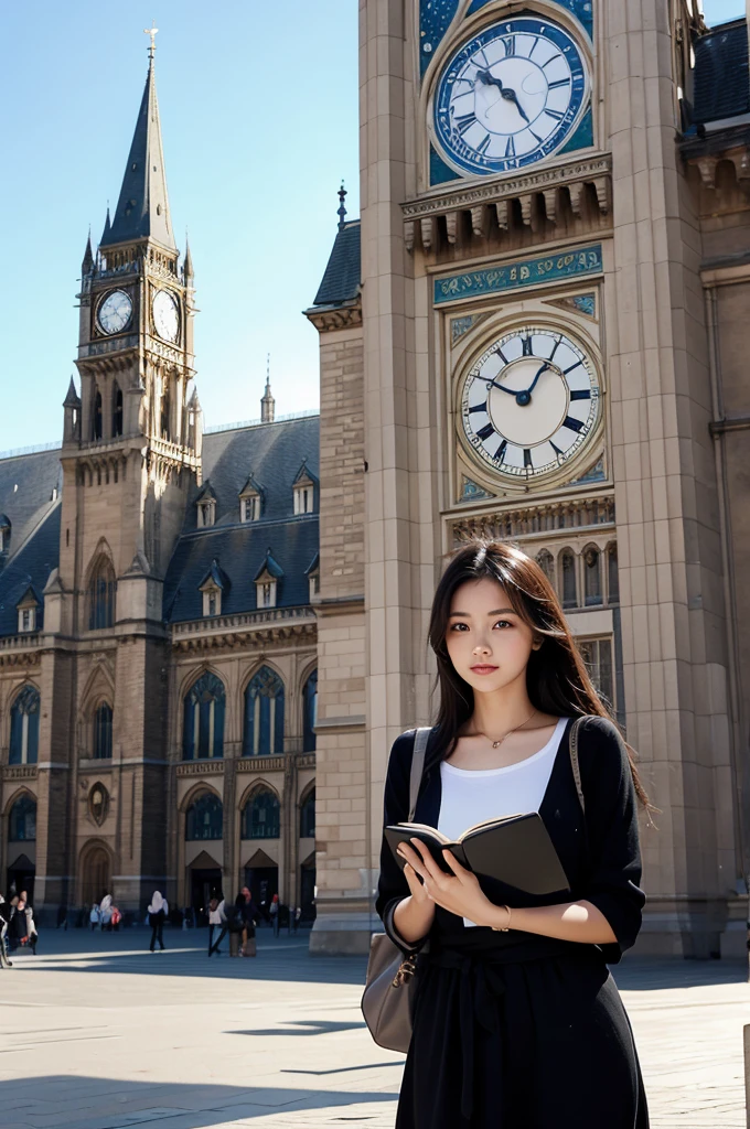 Beautiful woman holding a book standing in front of the clock tower,