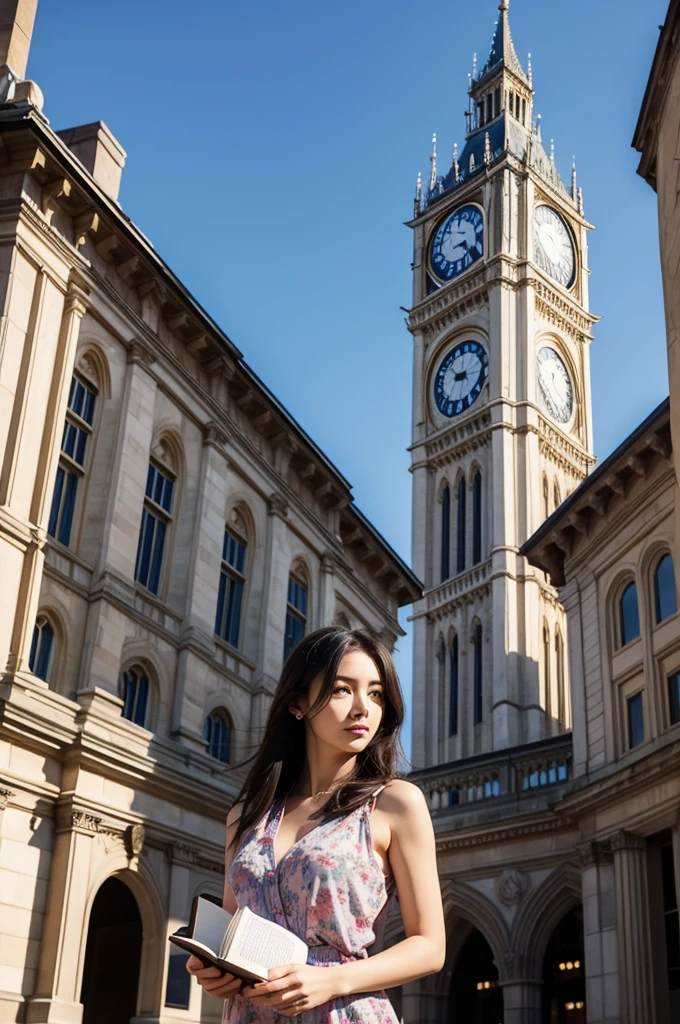 Beautiful woman holding a book standing in front of the clock tower,
