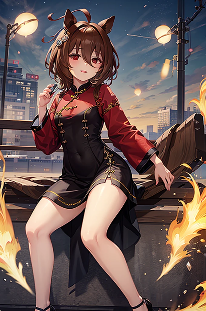 ((Highest quality)), ((masterpiece)), Highest quality),Red mini cheongsam,Full body portrait,Open your legs,