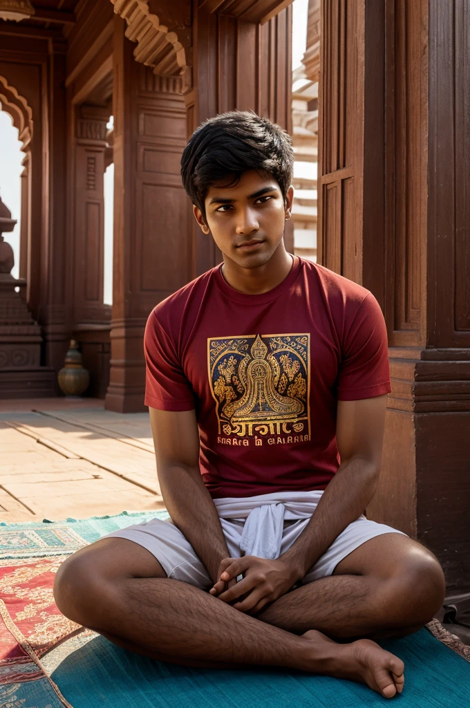 create realistic high quality image where a 20 year old Indian boy sitting & praying ahead to Ganesh ji, boy wearing saffron t-shirts on which name "Harish" is written boldly, beautiful background, sunrise, devotional atmosphere,Traditional temple, make sure name should be visible & correct.