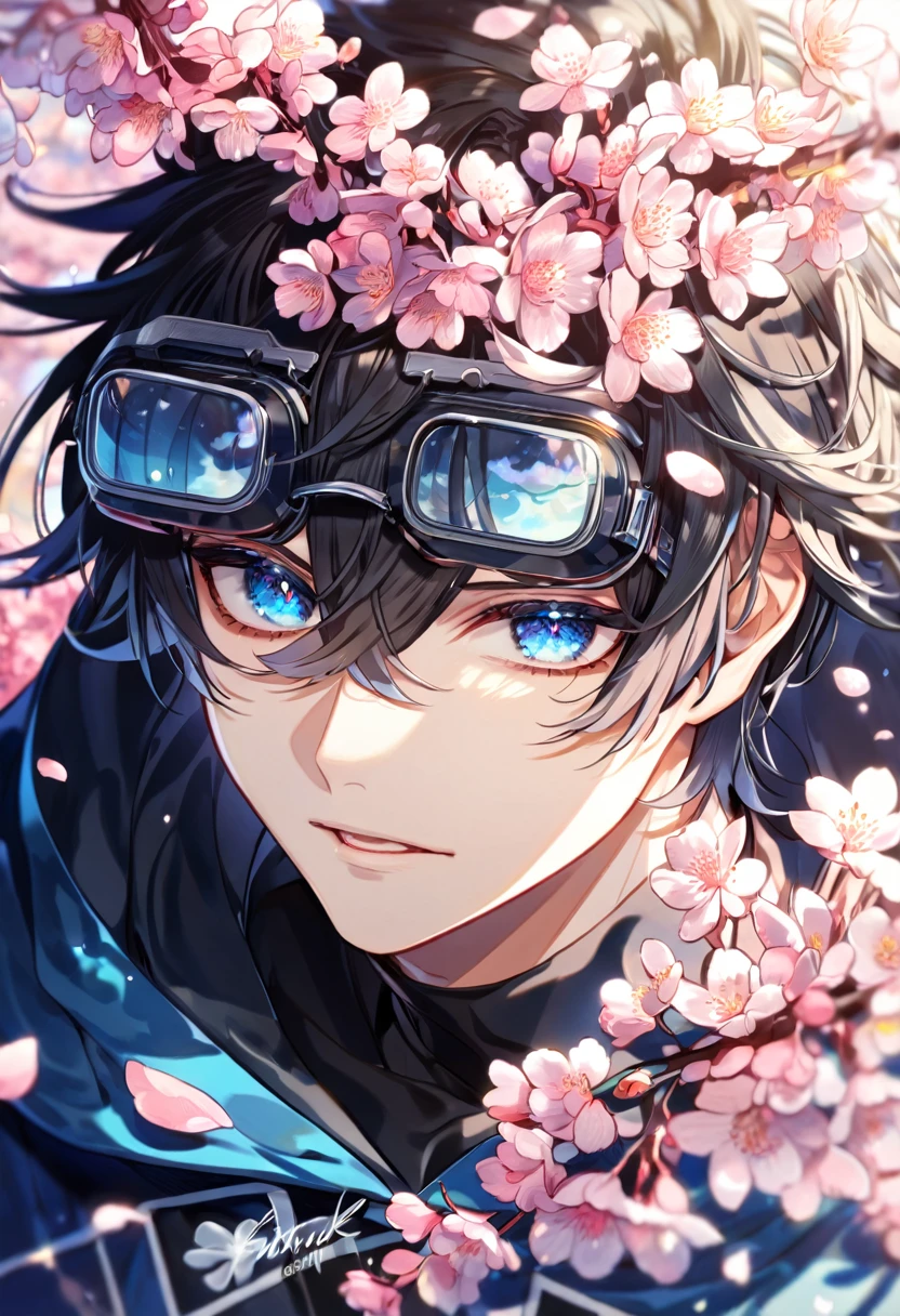 Ultra detailed, highres, absurdres, HDR, master piece, Gareki, messy hair, black hair, hair between the eyes, expressive blue eyes, Karneval, fantasy, pink petals, water, pink flowers, handsome, sexy man, solo, best quality, blossoms, blue shining fireflies, black shirt, a hooded blue coat, a pair of black goggles on the forehead