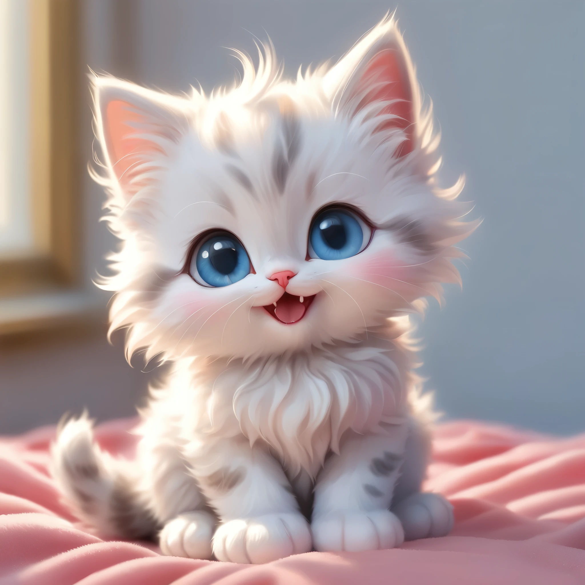 an adorable cartoon-style kitten sitting in a cute pose. The kitten has a fluffy blue and white fur pattern with large, expressive blue eyes and a happy, open-mouthed smile. The kitten's ears are pointed and slightly pink on the inside. It wears an red collar with a small gold tag. The fur is detailed and plush, giving the kitten a soft and cuddly appearance. The background is a simple, light pastel color to keep the focus on the kitten. The lighting is soft, adding a gentle glow to the scene.