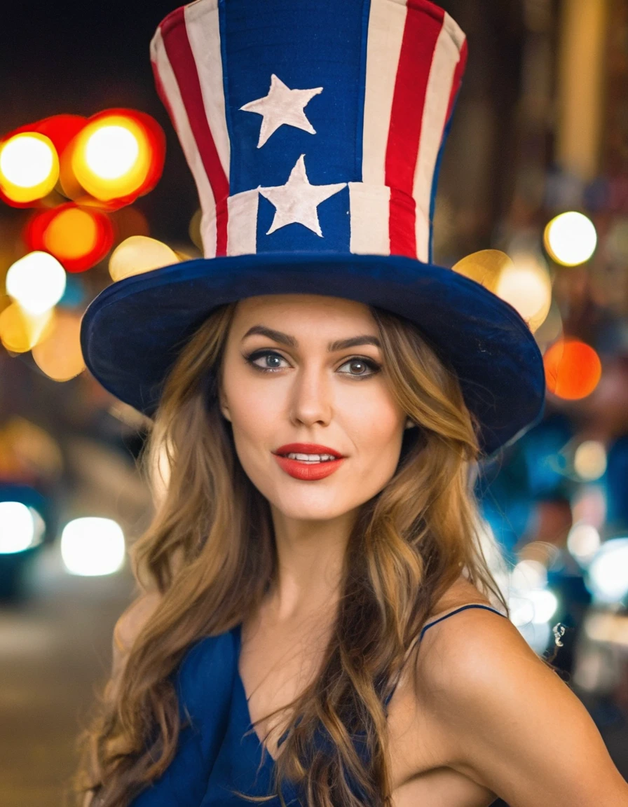 Professional fashion close-up portrait photography of a young beautiful woman like Uncle Sam in the city at night, uncle sam hat, terno do tio sam Nikon Z9, bokeh