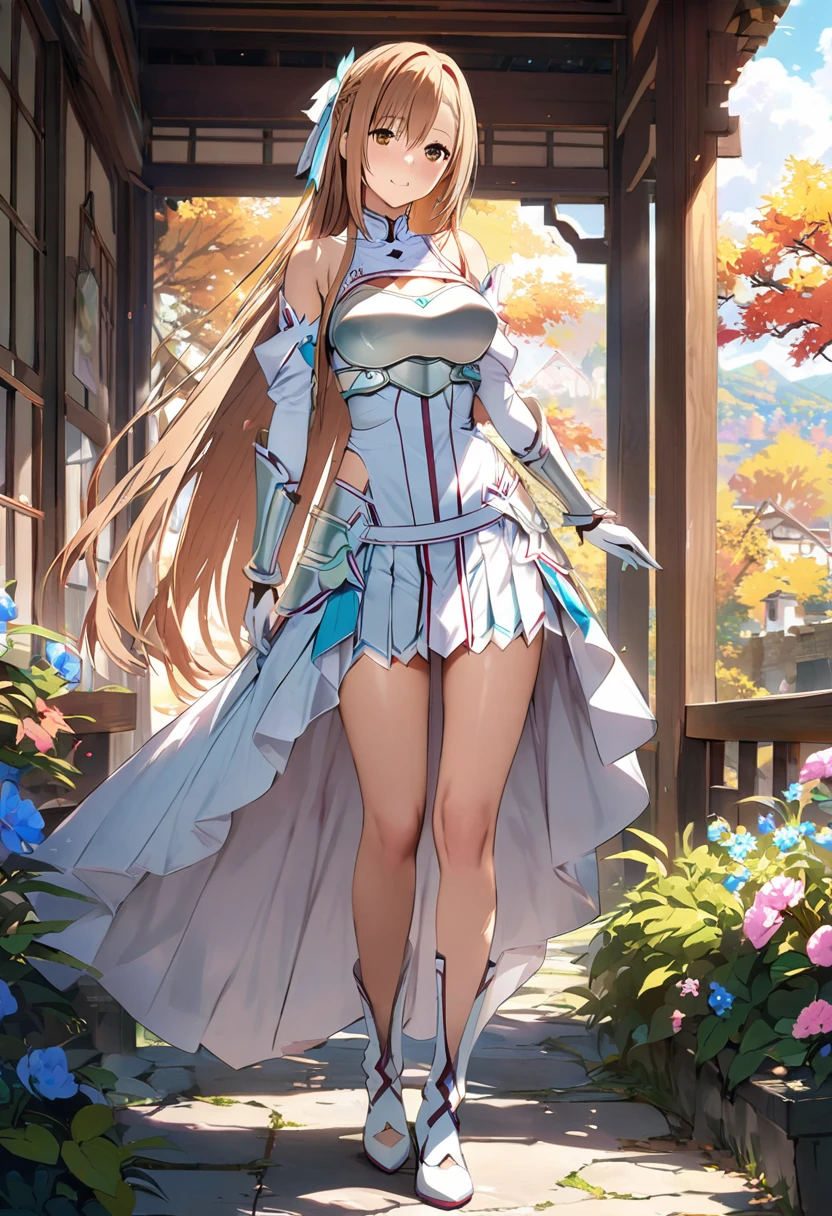 ((masterpiece)), Highest quality, Very detailed,(One Girl),Yuki Asuna、Asuna (stay), brown eyes, bare shoulders, breastplate, armor, detached sleeves, gloves, white gloves, (red and white dress), Long Hair, Beautiful background ,Clothing,  chest, Full Body