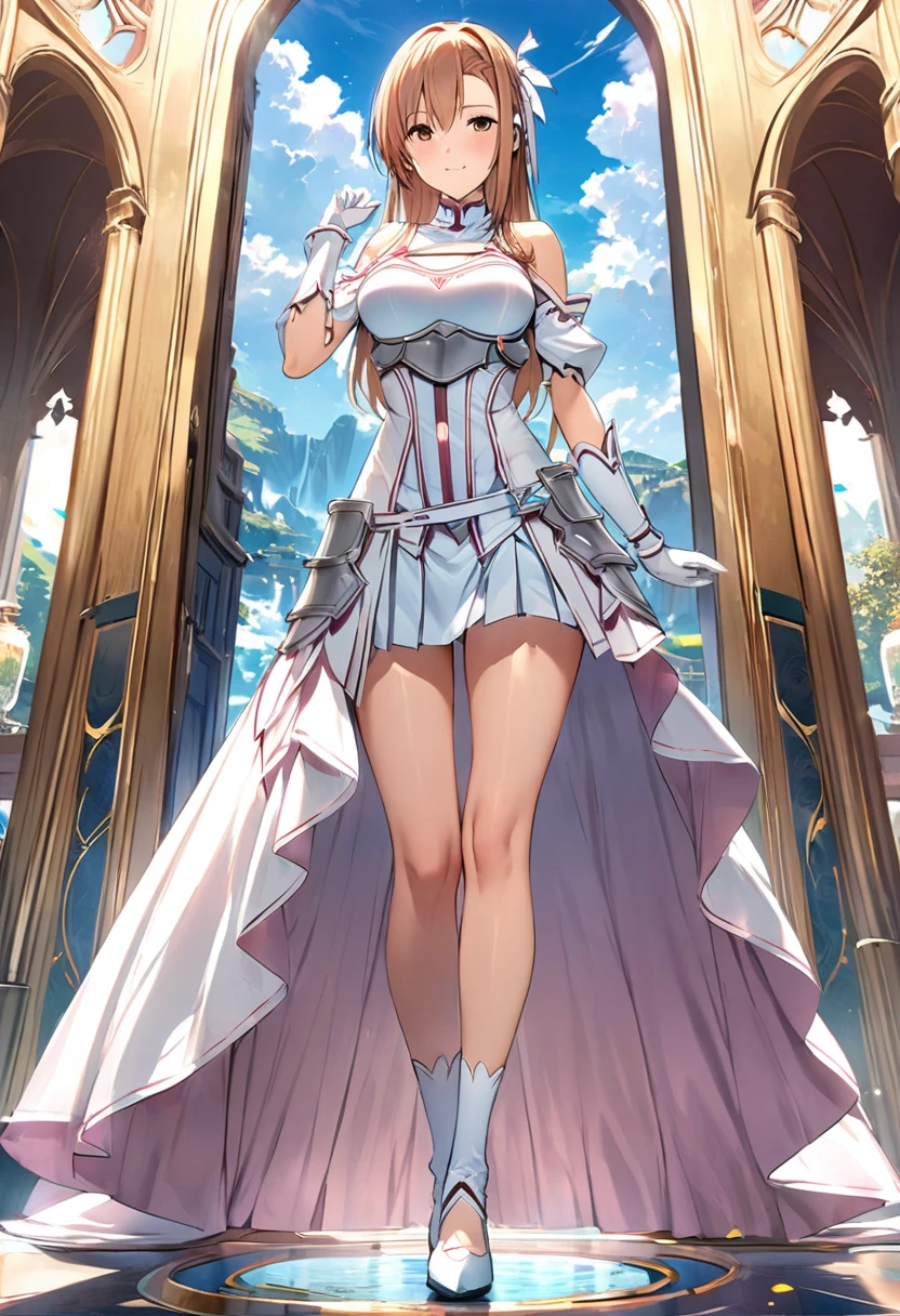 ((masterpiece)), Highest quality, Very detailed,(One Girl),Yuki Asuna、Asuna (stay), brown eyes, bare shoulders, breastplate, armor, detached sleeves, gloves, white gloves, (red and white dress), Long Hair, Beautiful background ,Clothing,  chest, Full Body