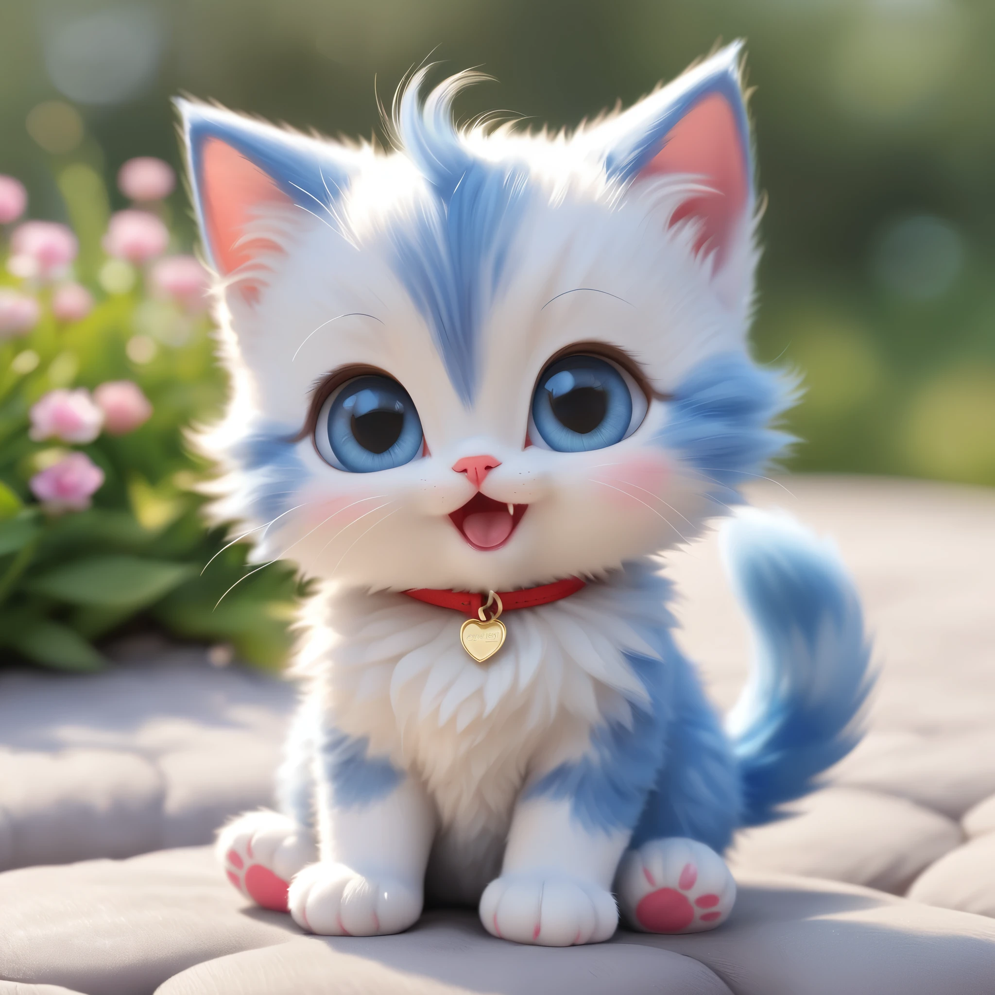 an adorable cartoon-style kitten sitting in a cute pose. The kitten has a fluffy blue and white fur pattern with large, expressive blue eyes and a happy, open-mouthed smile. The kitten's ears are pointed and slightly pink on the inside. It wears an red collar with a small gold tag. The fur is detailed and plush, giving the kitten a soft and cuddly appearance. The background is a simple, light pastel color to keep the focus on the kitten. The lighting is soft, adding a gentle glow to the scene.